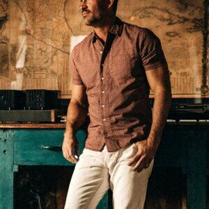 Taylor Stitch Short Sleeve Hawthorne Shirt Burgundy Trellis Linen Cotton - M